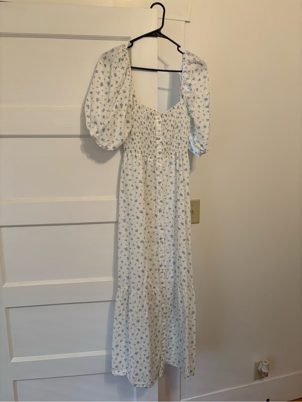 Olivaceous White Maxi Dress with Blue Floral Motif